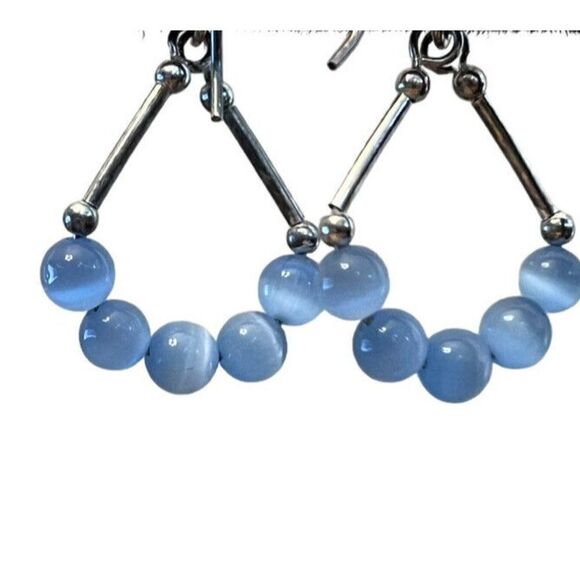 Vintage Sterling Silver Blue Cat’s Eye Beads Earrings Drop Dangle MC 925 - Picture 3 of 5